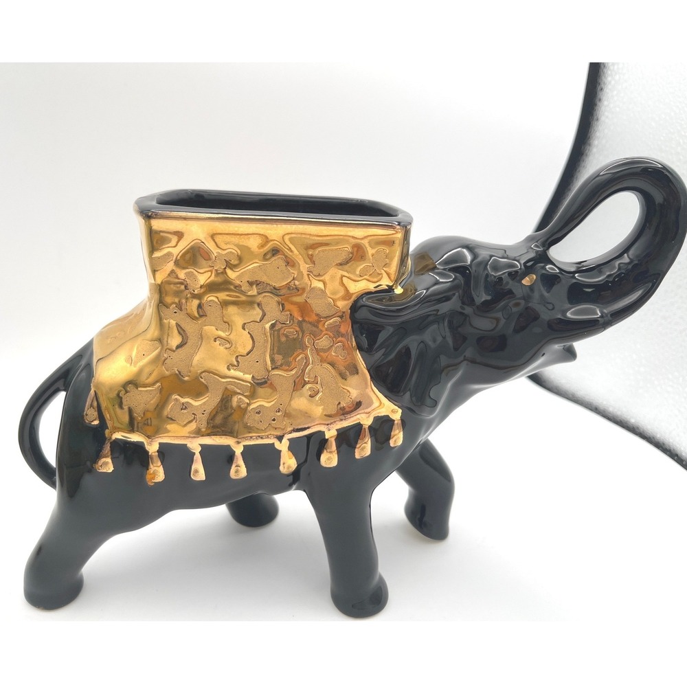Vtg 50s elephant planter‎ glossy black 24kt gold-painted saddle blanket USA
